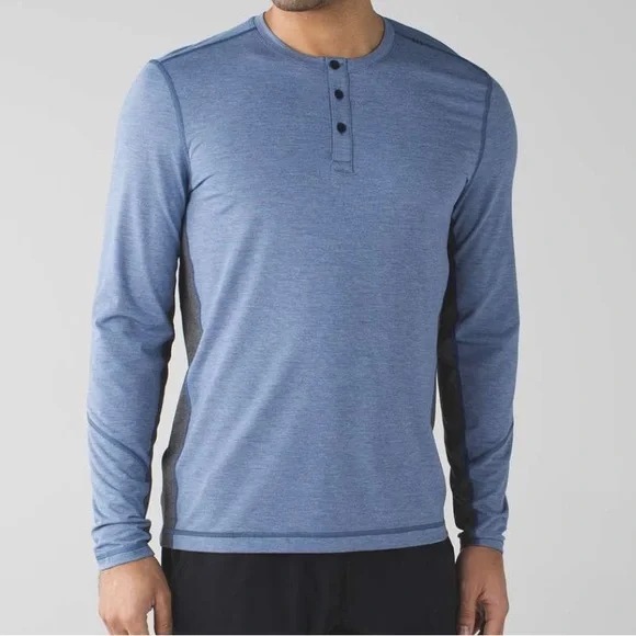 Lululemon Men’s T.H.E. Henley Long Sleeve Shirt SIZE LARGE HEATHERED Dark Cobalt - Picture 1 of 6